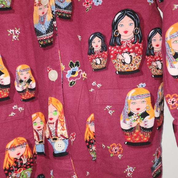 Nick & Nora Hippie Russian Nesting Doll Pajama Top Shirt Cotton Flannel Medium - Picture 7 of 13